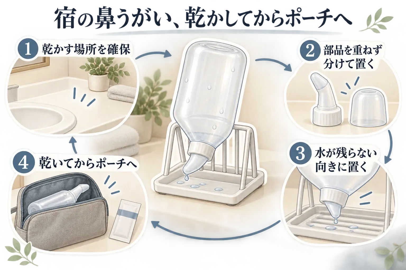 宿の洗面所で携帯鼻うがいボトルを片付ける前に、乾かす場所を確保し、ノズルとキャップを重ねずに分け、水が残らない向きに置き、乾いてからボトルと未使用の個包装をポーチへ入れる4段階を示した図。