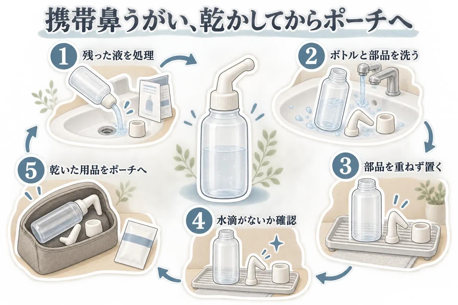 携帯鼻うがいを乾かしてからポーチへ戻す流れとして、取扱説明書に従って残った洗浄液を処理し、ボトル・ノズル・キャップを洗い、部品を重ねずに置き、水滴がないことを確認してから乾いた用品と未使用の個包装をポーチへ入れる5段階を示した図。