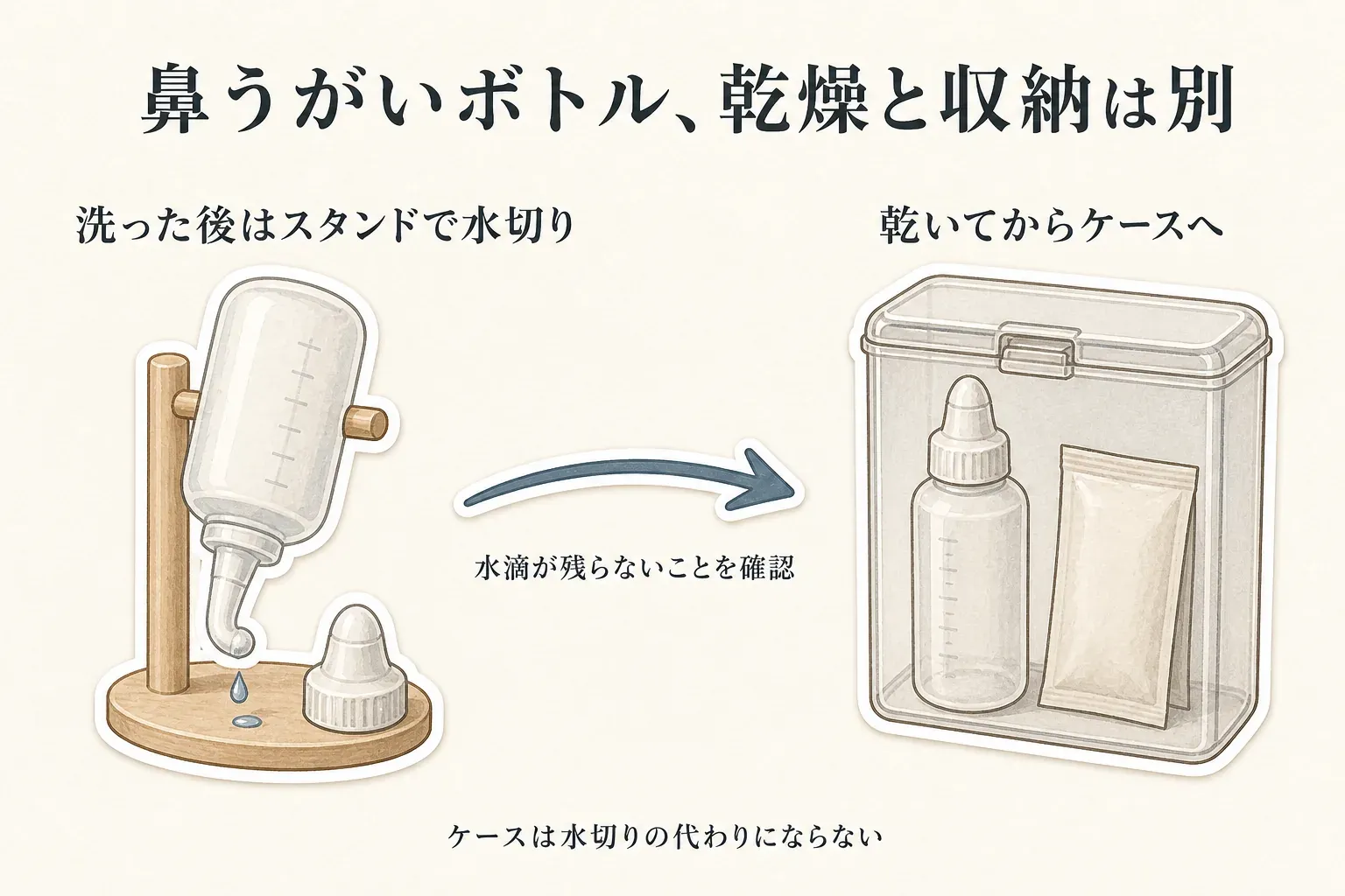 鼻うがいボトルは洗った後にスタンドで水切りし、水滴が残っていないことを確認してから、乾いたボトルと洗浄剤を収納ケースへ入れる流れを示した図。ケースは水切りの代わりにならないことも示している。