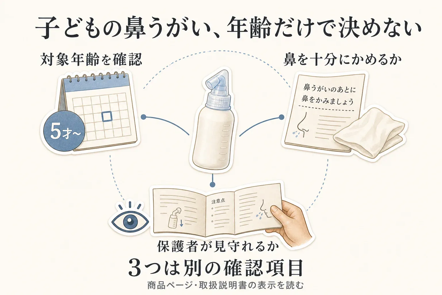 子どもの鼻うがいは年齢だけで決めず、5歳以上などの対象年齢、鼻を十分にかめるか、保護者が見守れるかを別々に確認することを、カレンダー、鼻をかむ案内、取扱説明書のイラストで示した図。