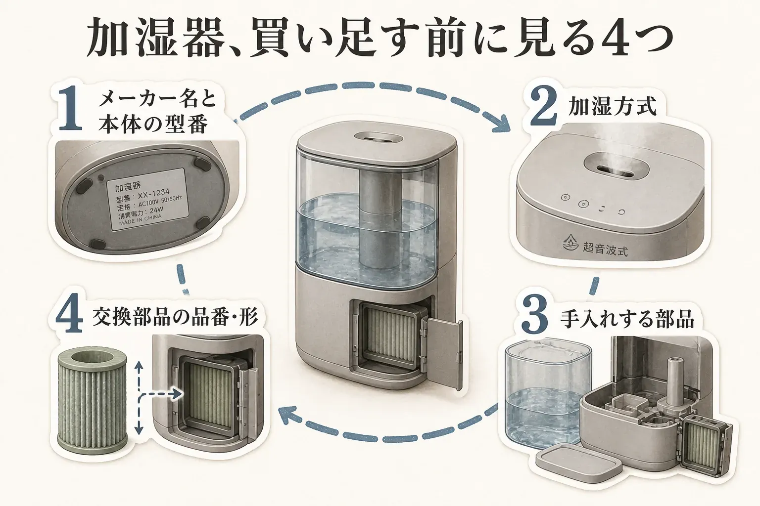 加湿器を買い足す前に確認する順として、メーカー名と本体型番、加湿方式、手入れする部品、交換部品の品番と形を示した図。