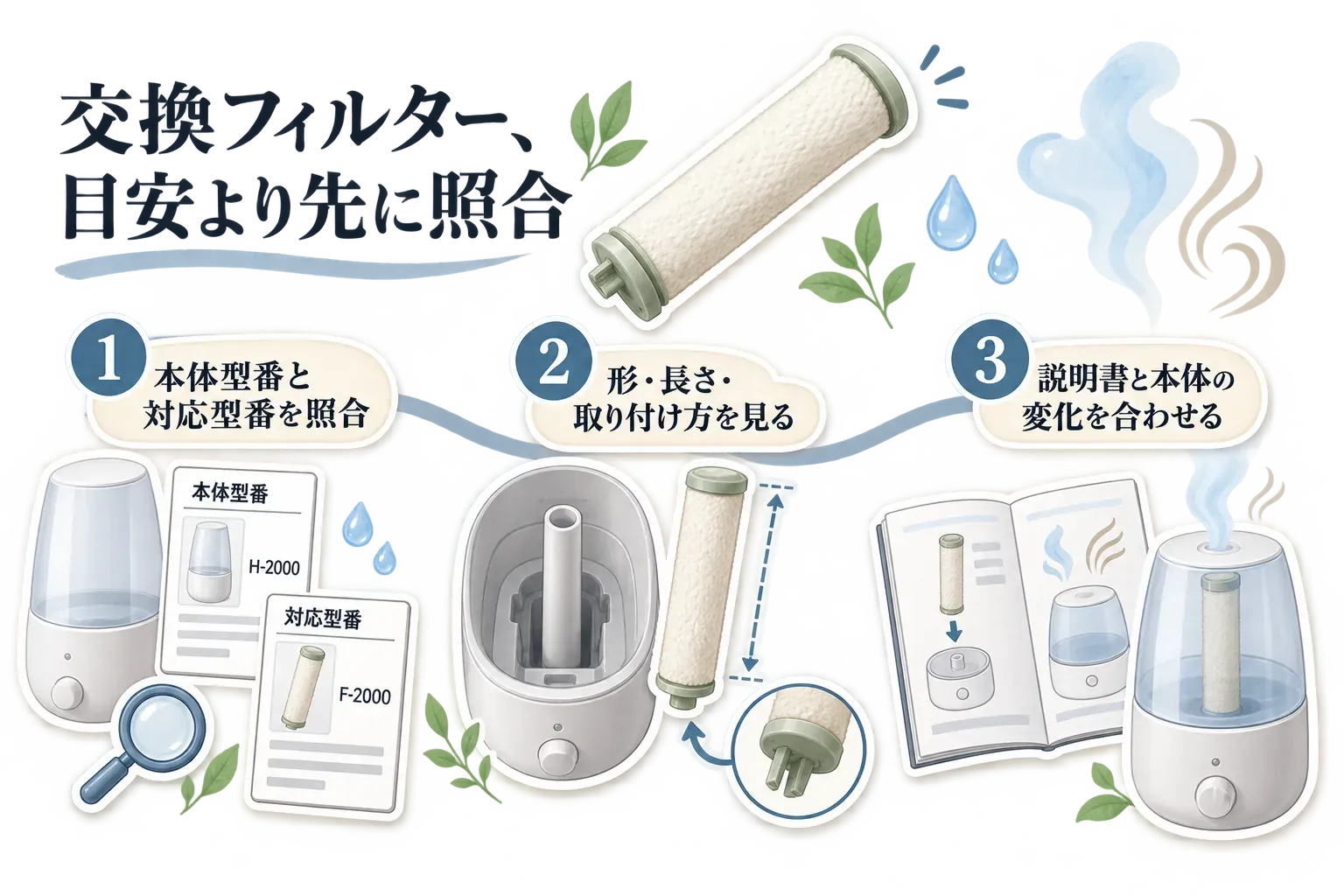 交換フィルターを選ぶ際に、本体型番と対応型番を照合し、フィルターの形・長さ・取り付け方を確認し、説明書と本体の汚れ・におい・加湿量の変化を合わせて判断する3段階を示した図。