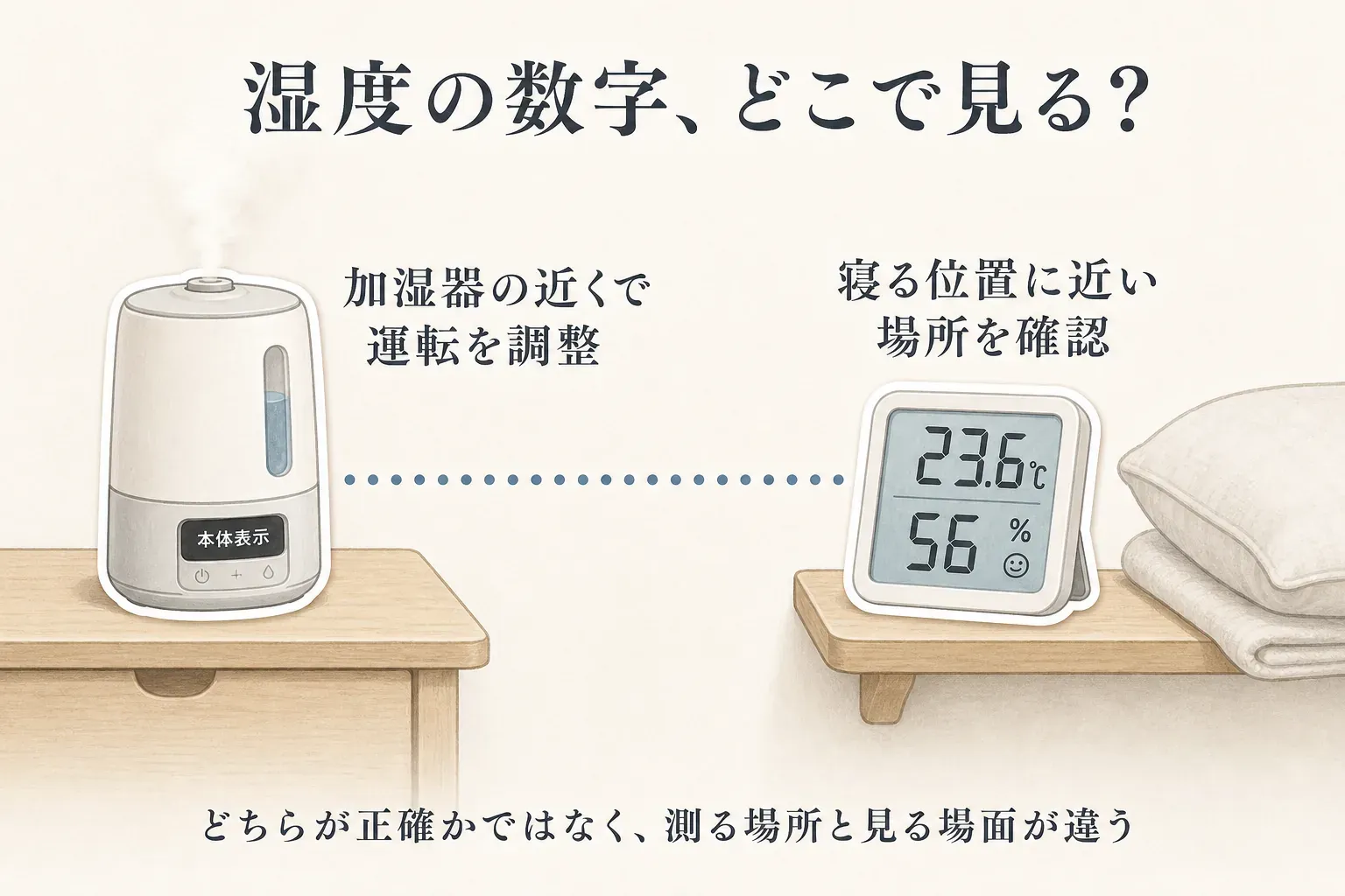 湿度の数字を見る場所の違いを示した図。左は湿度表示付き加湿器を本体近くで見て運転を調整し、右はベッド脇の棚に置いたデジタル温湿度計で寝る位置に近い場所を確認する。どちらが正確かではなく、測る場所と見る場面が異なることを表している。