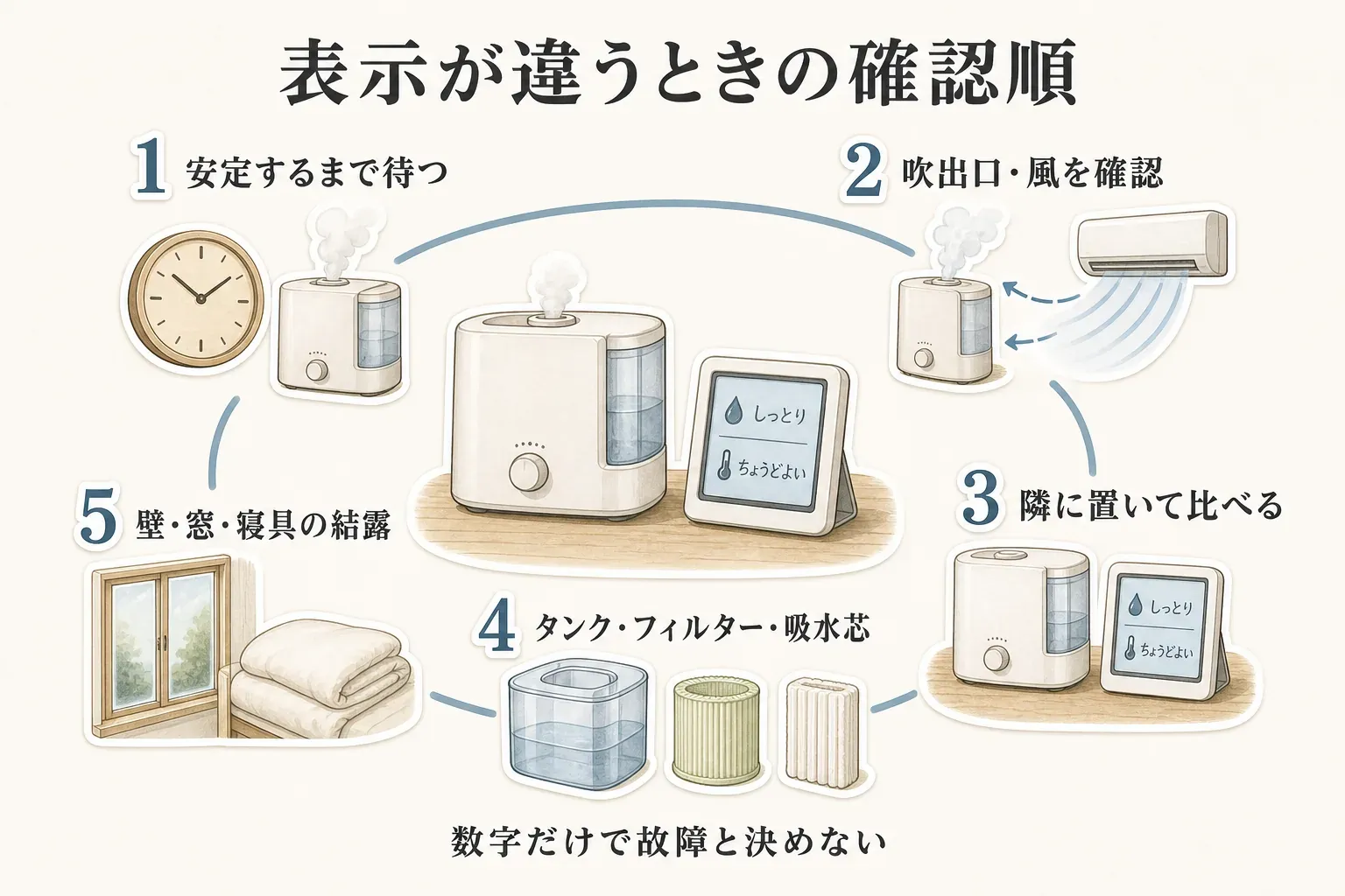 加湿器と温湿度計の表示が違うときの確認順を示した図。1は安定するまで待つ、2は吹出口とエアコンの風を確認、3は2台を隣に置いて比較、4はタンク・フィルター・吸水芯の状態を確認、5は壁・窓・寝具の結露を確認する流れ。数字だけで故障と決めないことを表している。
