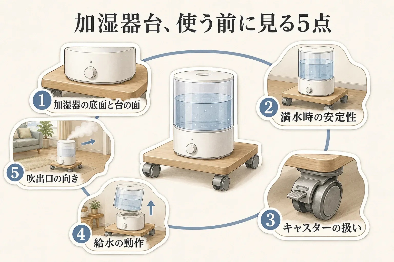 床置き用の加湿器台を選ぶ際の確認項目として、加湿器の底面と台の大きさ、満水時の安定性、キャスターの固定と移動、給水・排水の動線、吹出口が寝具・壁・電気製品へ向かない配置を示した図。