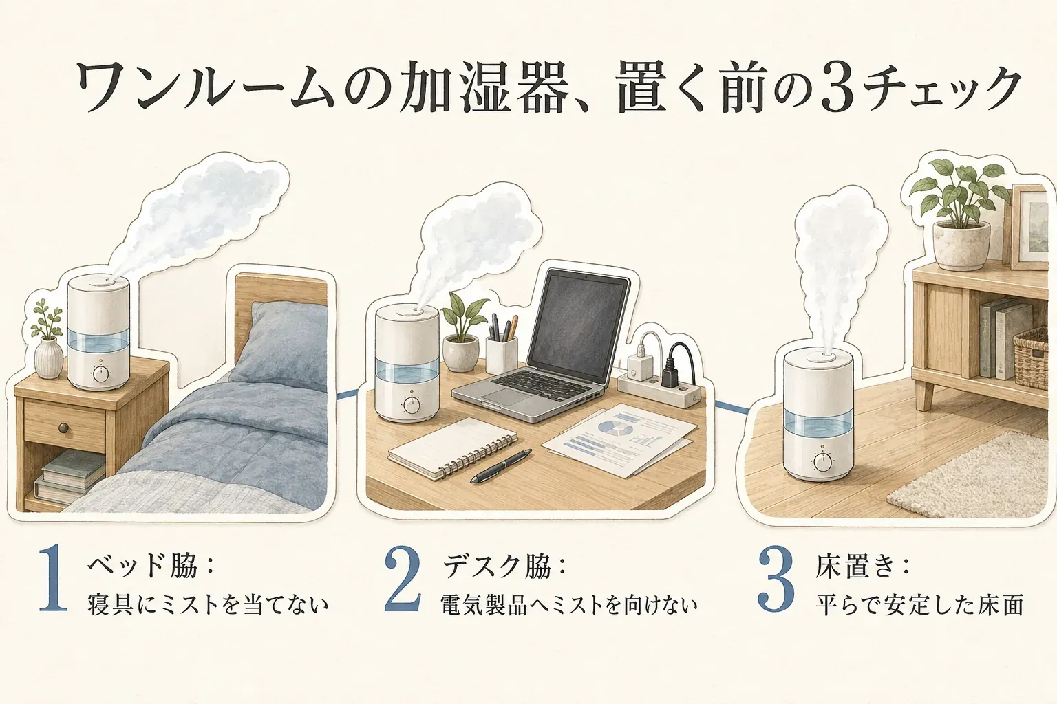 ワンルームで加湿器を置く前のチェックリスト。ベッド脇ではタンクを外す向き・寝具へのミスト・コード、デスク脇では机の空き・パソコンや書類との距離・電源、床置きでは安定した床面・掃除と移動の動線、置き台では底面の適合・満水時の安定性・給水と排水を確認する図。