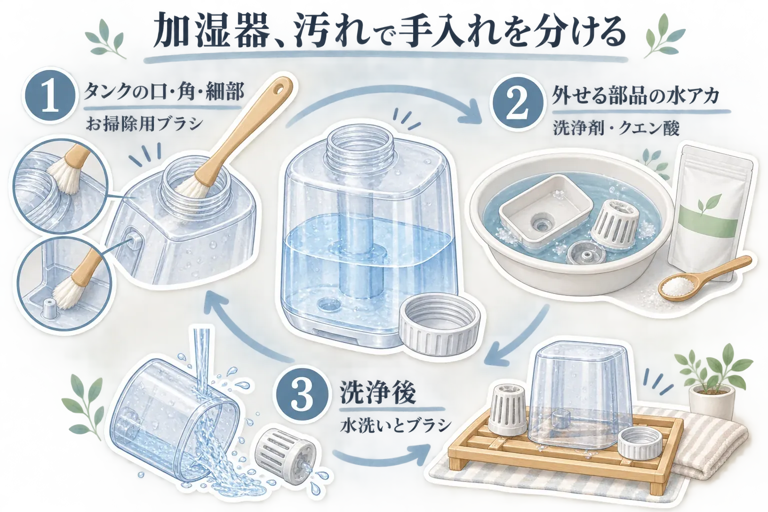 加湿器の手入れで、ブラシはタンクの口・角・細部の今日ついた汚れをその場でこすり洗いし、洗浄剤は説明書で認められた部品の水アカを決められた濃度と時間で浸け置きする役割を示した図。洗浄剤使用後は水洗いとブラシですすぐことも示している。