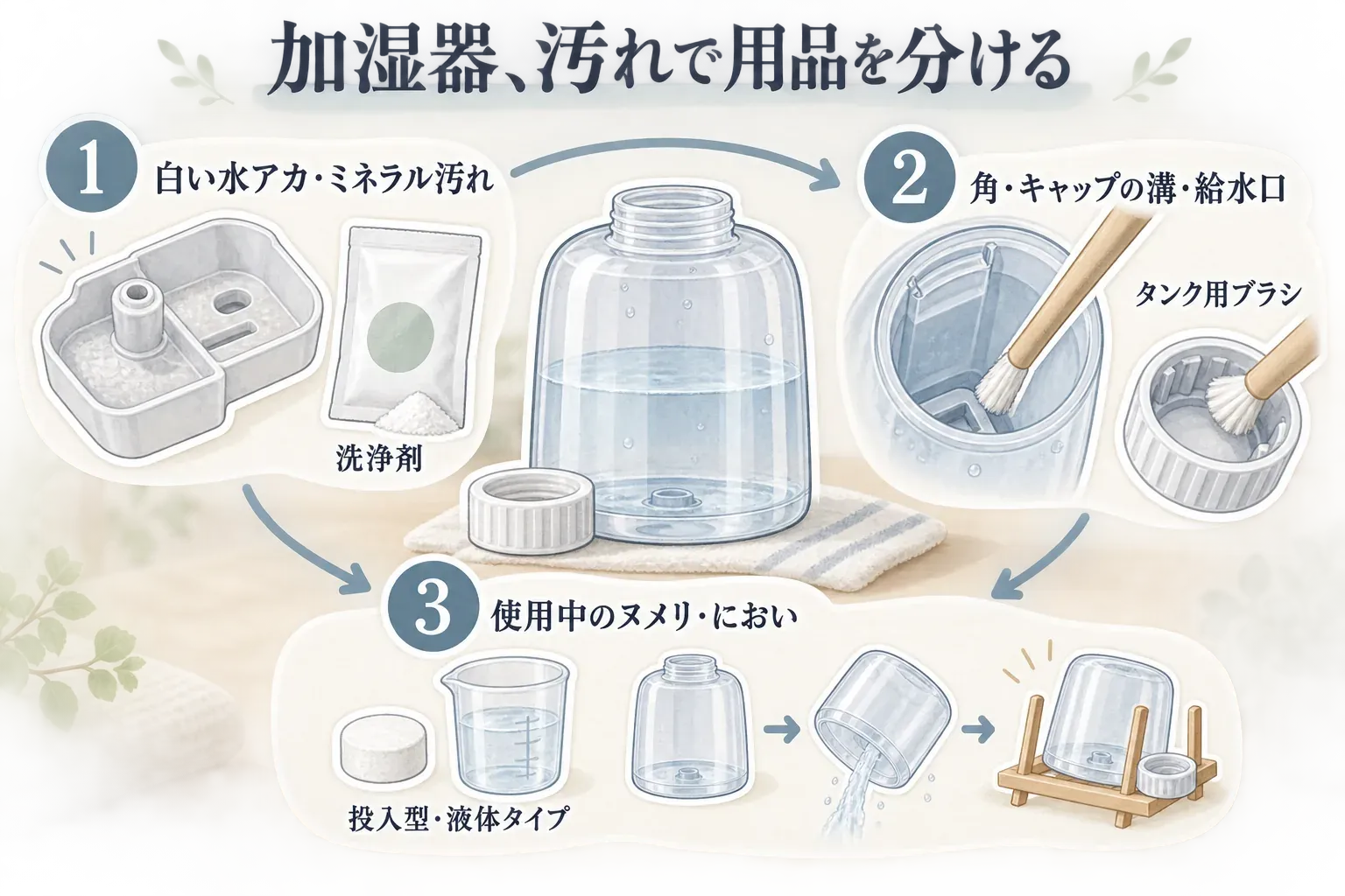加湿器の汚れ別に用品を分ける図。白い水アカ・ミネラル汚れには洗浄剤、タンクの角・キャップの溝・給水口にはタンク用ブラシ、使用中のヌメリ・においには投入型・液体タイプを使い、収納前には残り水を捨てて部品を乾かすことを示している。