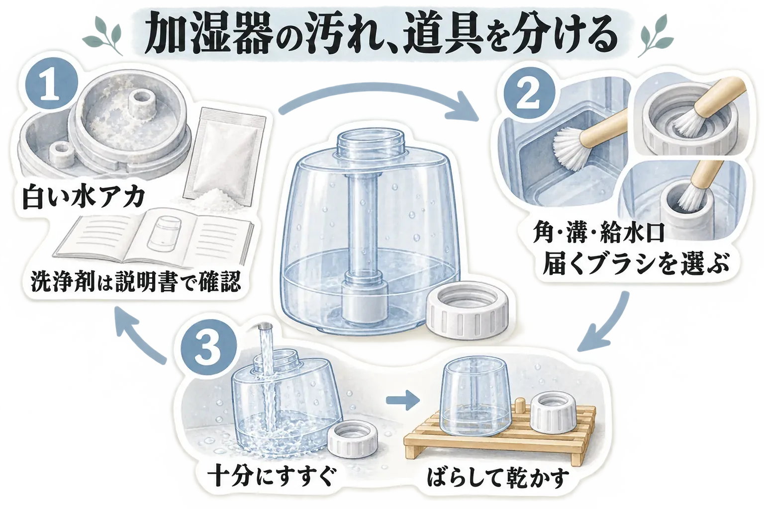 加湿器の汚れと道具の選び方を示した図。白い水アカには取扱説明書で使用可否を確認した洗浄剤、タンクの角・キャップの溝・給水口には届く形のブラシを選び、最後に十分すすいで部品をばらして乾かす流れを描いている。