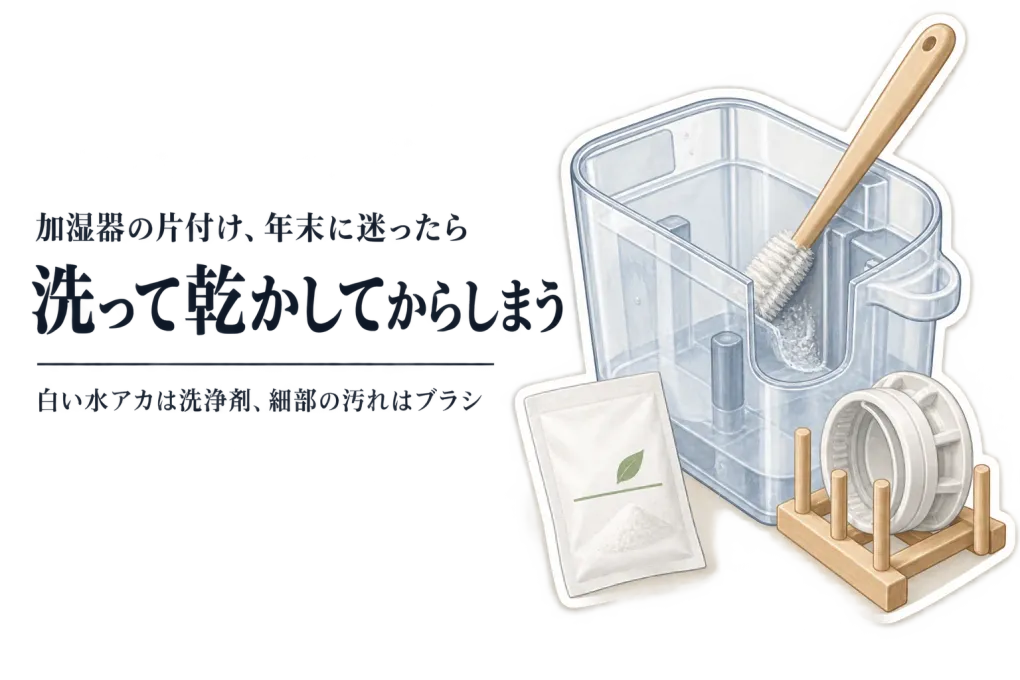 年末の大掃除前に加湿器タンクを片付ける｜洗浄剤とタンク用ブラシの選び方・乾かす手順