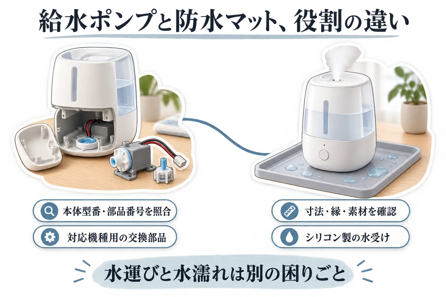 給水ポンプと防水マットの役割の違いを示した図。左は加湿器の内部に取り付ける対応機種用の交換ポンプで、水を運ぶ作業の省力化には使わないこと、右はベッド脇で加湿器の下に敷く水受け用の防水マットで、水漏れの修理用品ではないことを示している。