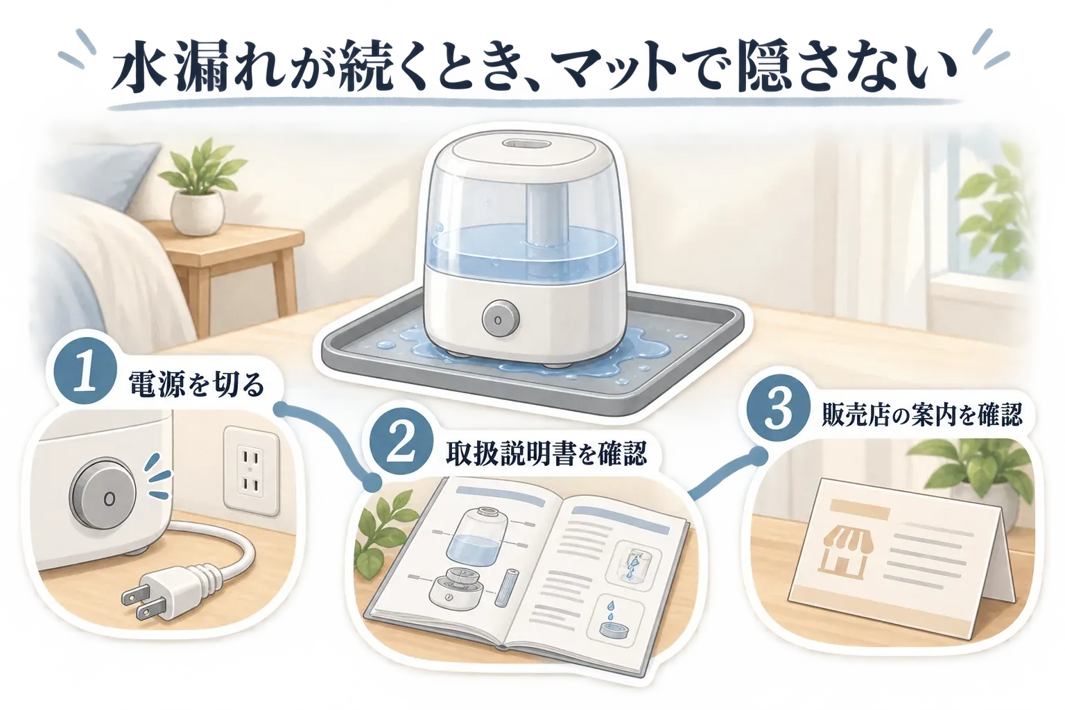 加湿器の水漏れが続く場合の対応手順を示した図。水を受ける防水マットを敷いていても、1は電源を切る、2は取扱説明書を確認する、3は販売店の案内を確認する順に対応し、マットで水漏れ原因を隠さないことを表している。