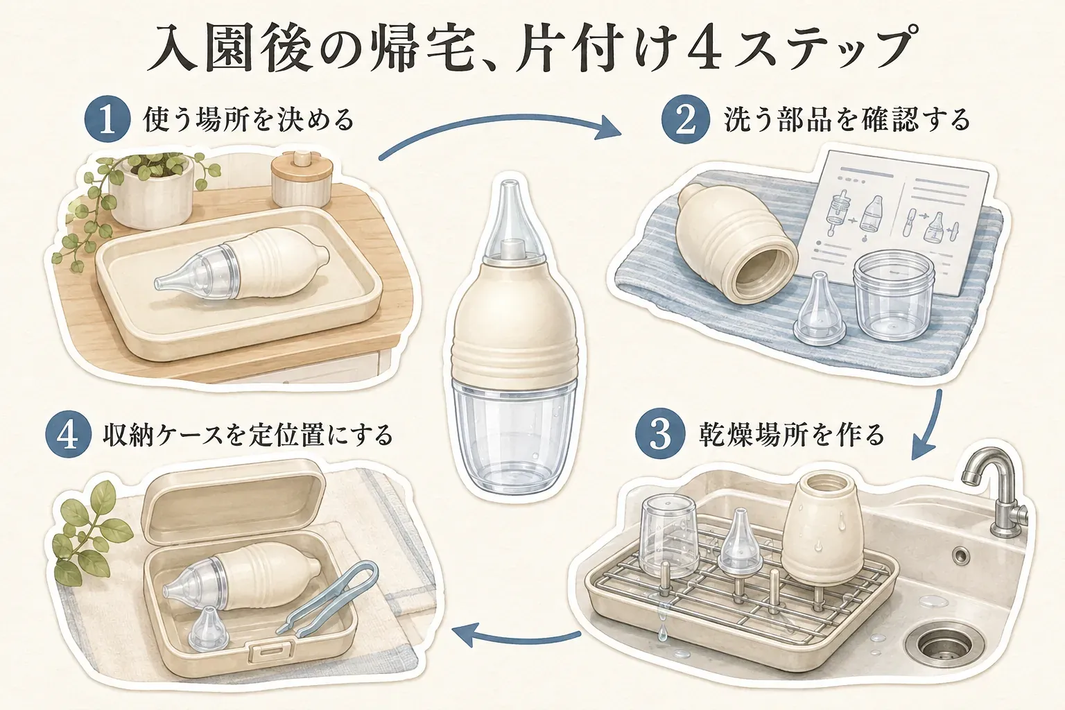 入園後の帰宅時に手動鼻水吸引器を片付ける4ステップとして、使う場所を決める、取扱説明書に従い洗う部品を確認する、洗面所の乾燥場所で部品を乾かす、乾いた本体・ノズル・ピンセットを収納ケースの定位置へ戻す流れを示した図。