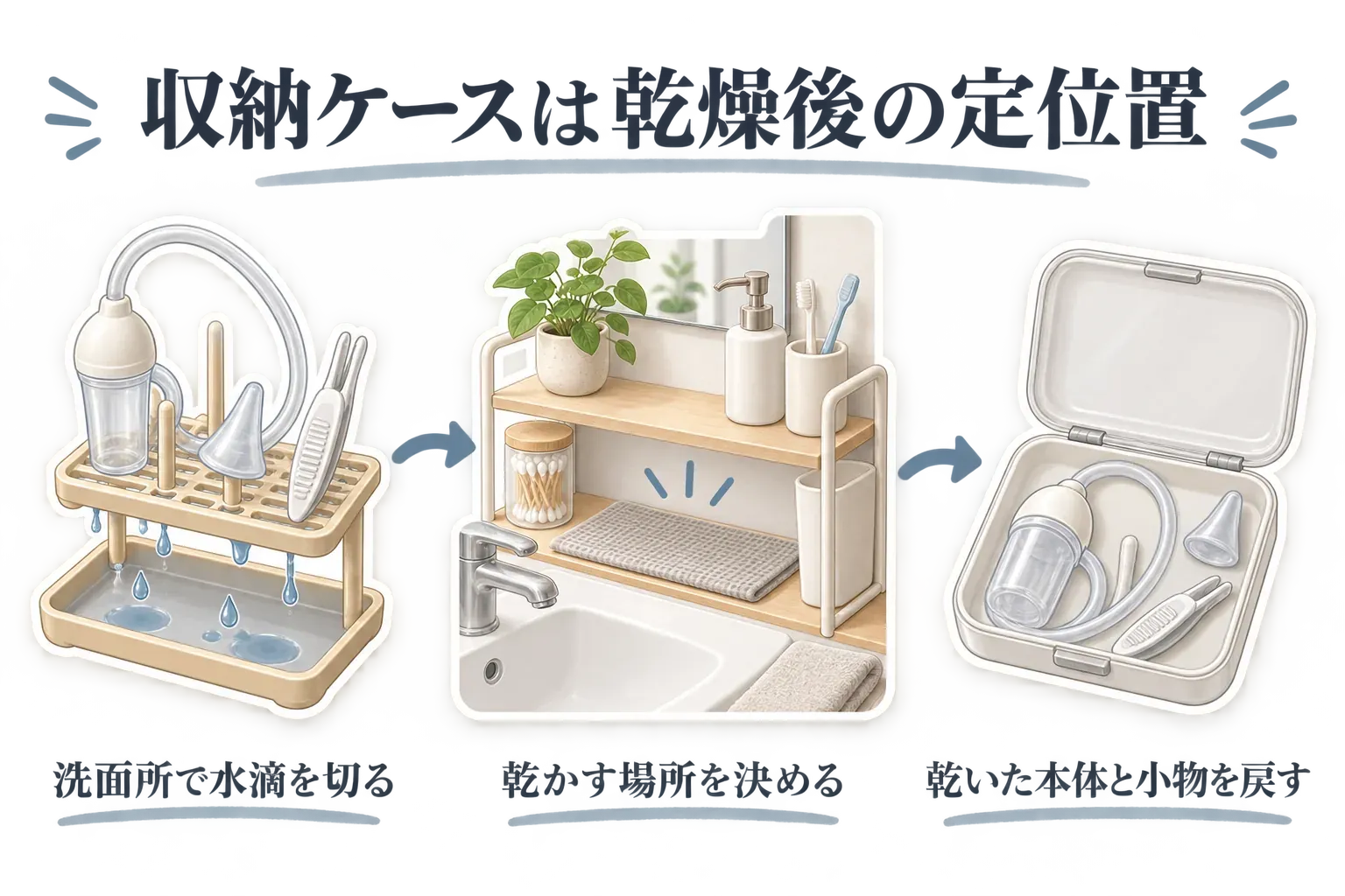 手動鼻水吸引器の本体・ノズル・チューブ・ピンセットを洗面所で水切りし、乾かす場所を決め、水滴がないことを確認した乾いた本体と小物だけを収納ケースへ戻す流れを示した図。