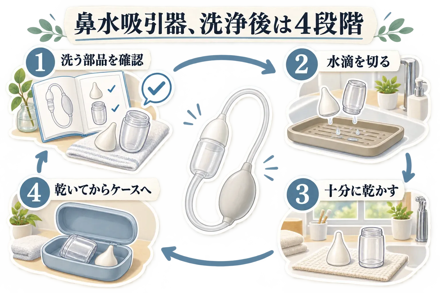鼻水吸引器を洗浄した後の4段階として、取扱説明書で洗う部品を確認し、水滴を切り、十分に乾かしてからケースへ入れる流れを、ノズル・容器・チューブ・水切りトレー・収納ケースのイラストで示した図。