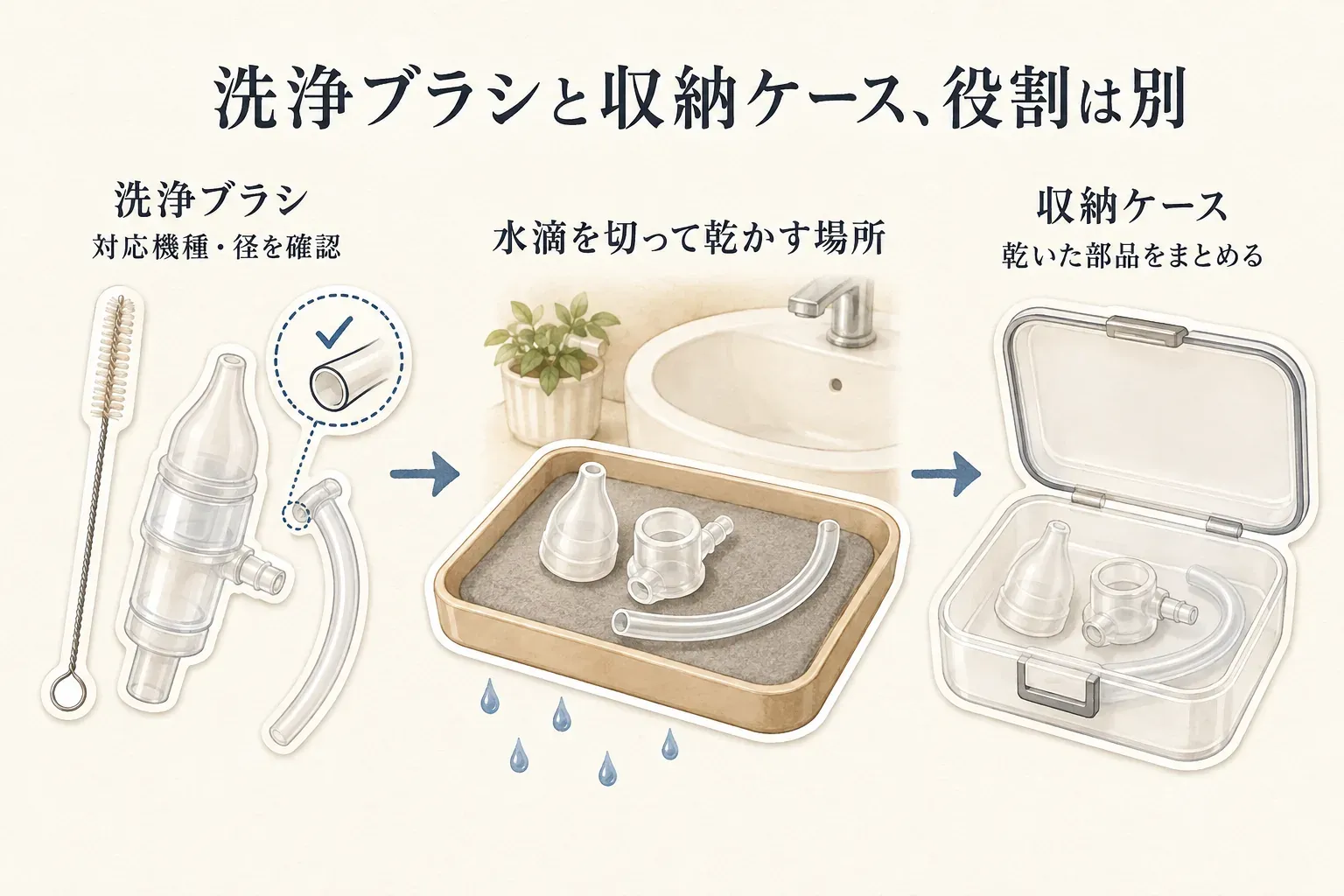 洗浄ブラシは対応機種と部品の径を確認して洗うための道具、水切り・乾燥場所は洗った部品を乾かす場所、収納ケースは乾いた部品をまとめる場所という3つの役割を、ブラシ、洗面台の水切りトレー、ケースのイラストで示した図。
