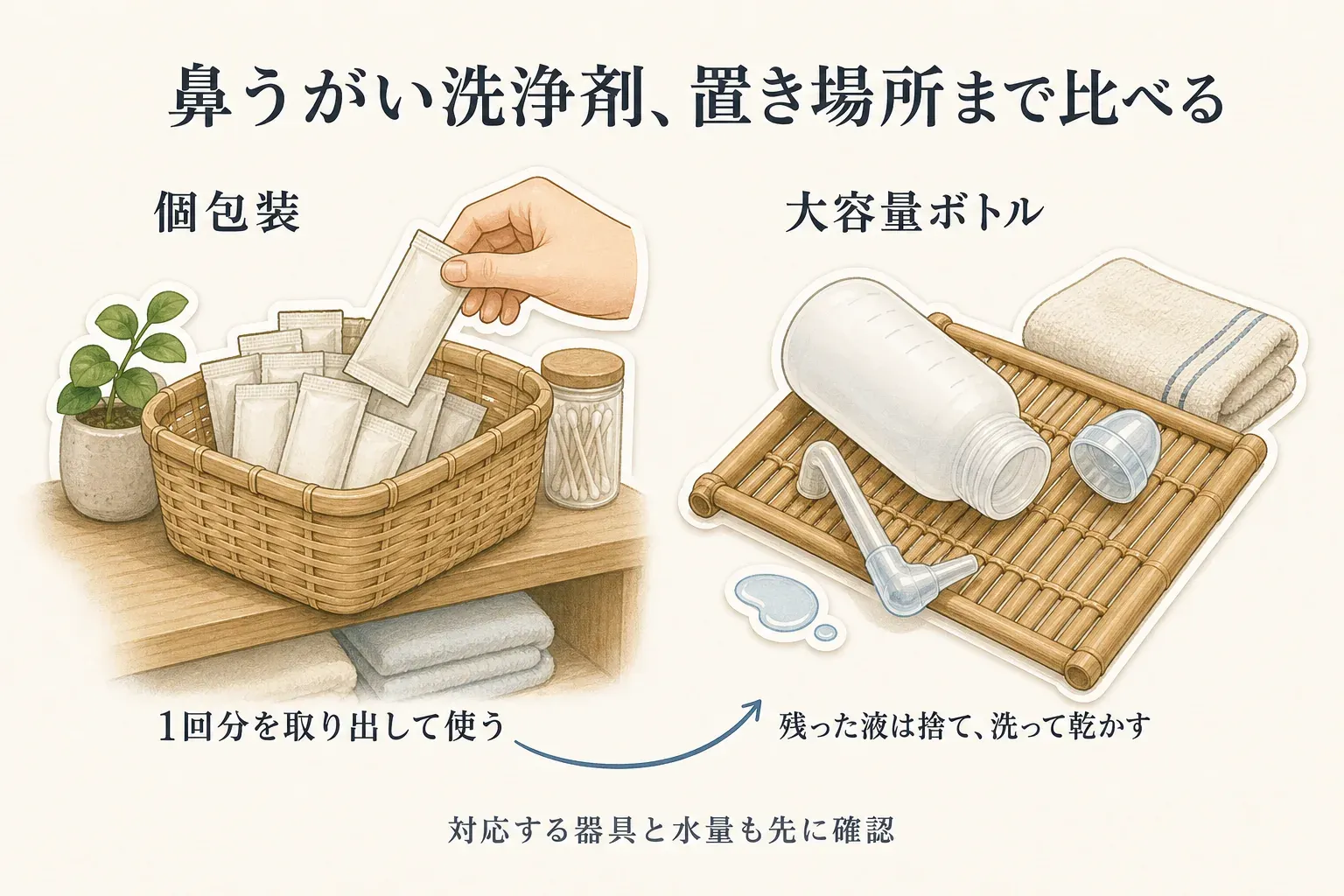 鼻うがい洗浄剤の保管を、個包装は水はね・高温多湿を避けた乾いた棚へ置き、大容量ボトルは使用後に洗ってよく乾かすこととして比較した図。未使用の袋と使用後のボトルは分けて考えるよう示している。
