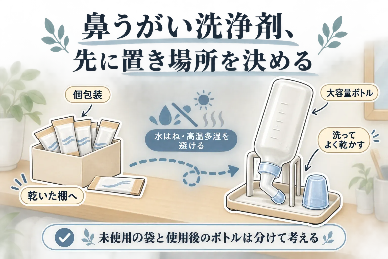 鼻うがい洗浄剤の置き場所を、個包装は1回分を取り出して使う乾いた棚、大容量ボトルは残った液を捨てて洗浄・乾燥する場所として比較し、対応する器具と水量も先に確認するよう示した図。
