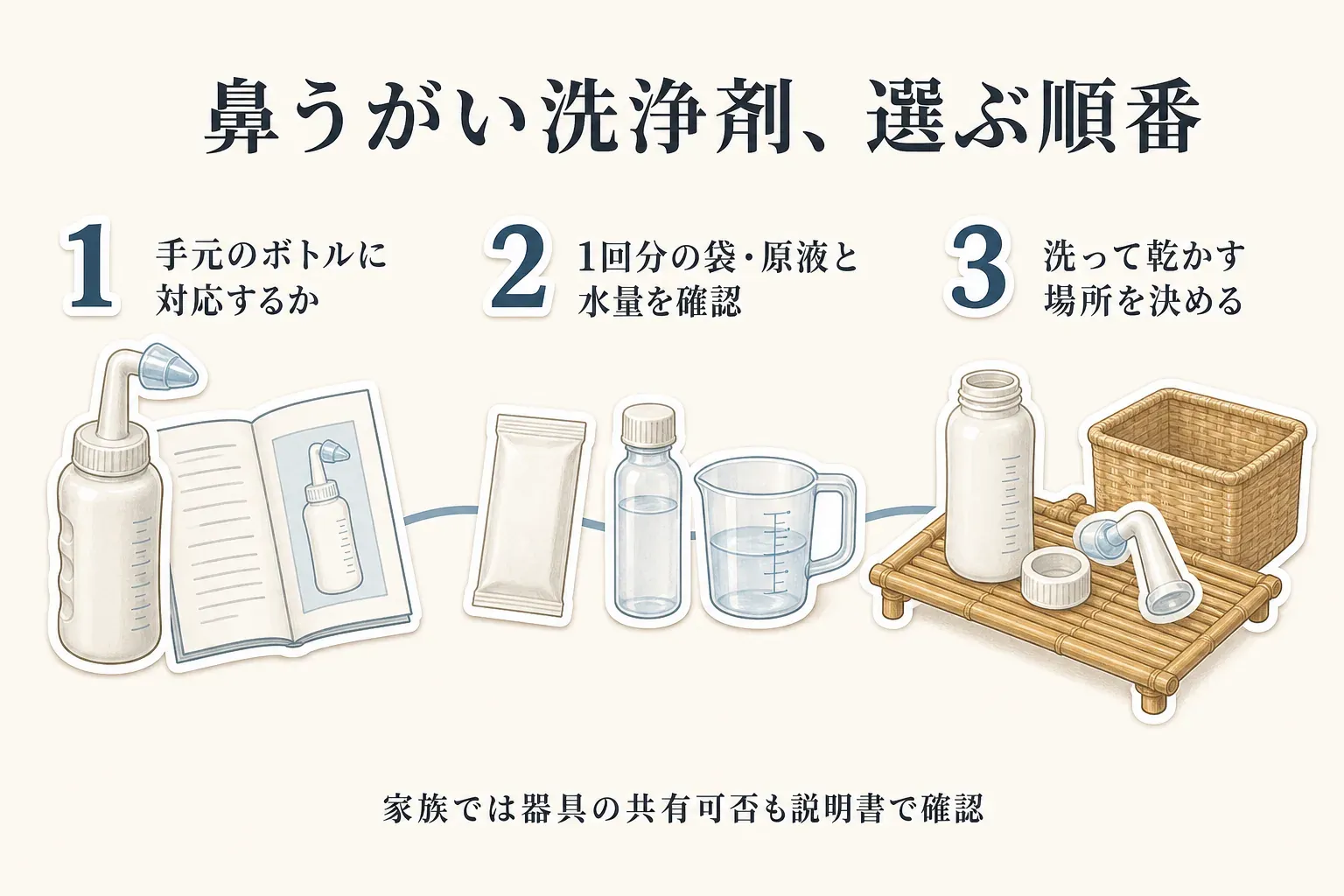鼻うがい洗浄剤を選ぶ順番として、1番目に手元のボトルへの対応を説明書で確認し、2番目に1回分の袋・原液と水量を確認し、3番目に洗浄して乾かす場所を決める3段階を示した図。家族では器具の共有可否も説明書で確認するよう案内している。