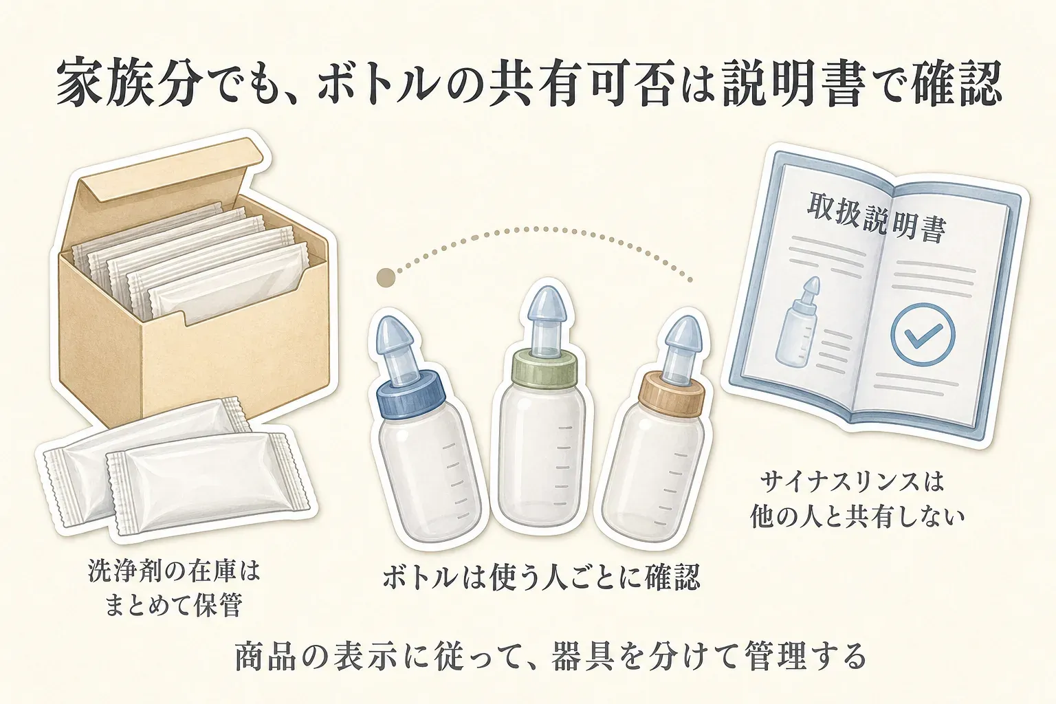 家族分の洗浄剤は箱にまとめて保管しつつ、鼻うがいボトルは使う人ごとに確認して分けて管理することを示した図。サイナスリンスのボトルは他の人と共有しない旨を取扱説明書とともに示している。