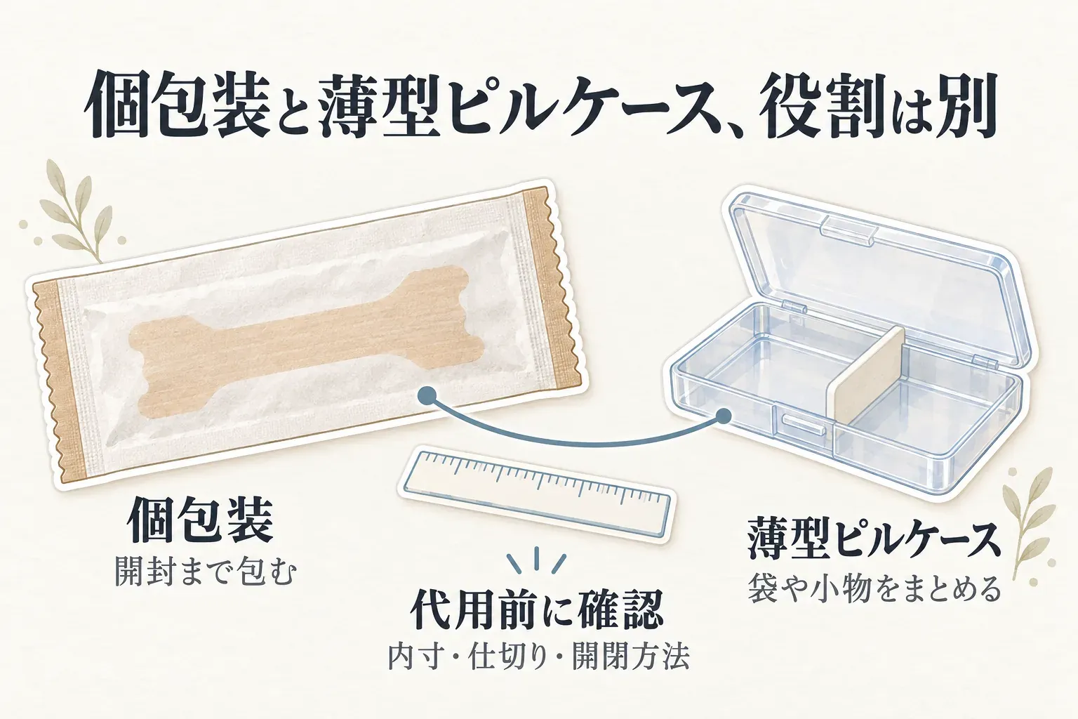 鼻腔拡張テープの個包装は開封まで1枚を包む役割、薄型ピルケースは個包装や小物をまとめて置く役割であることを対比し、個包装の表示・保管方法と、ケースの内寸・仕切り・密閉性・開閉方法を確認する項目を示した図。