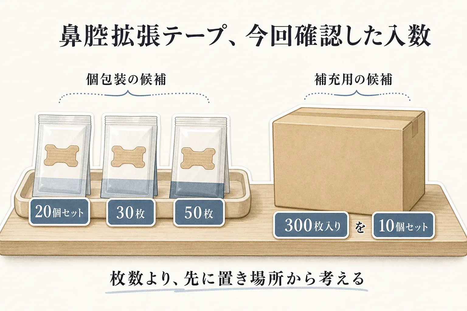 今回確認した鼻腔拡張テープの入数を示した図。個包装の候補として20個セット、30枚、50枚を並べ、補充用の候補は300枚入りを10個セットとして示し、枚数より先に置き場所を考えるよう案内している。