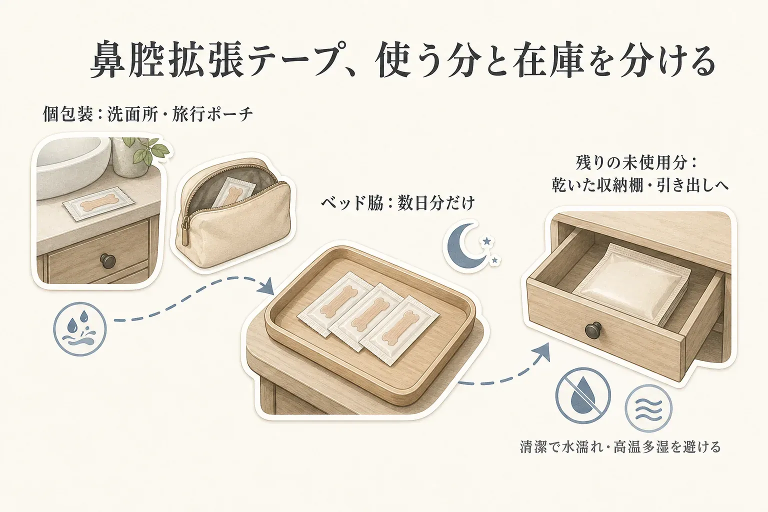 鼻腔拡張テープは、個包装を洗面所や旅行ポーチで使い、ベッド脇には数日分だけ置くこと、残りの未使用分は乾いた収納棚や引き出しで清潔に保管し、水濡れと高温多湿を避けることを示した配置図。