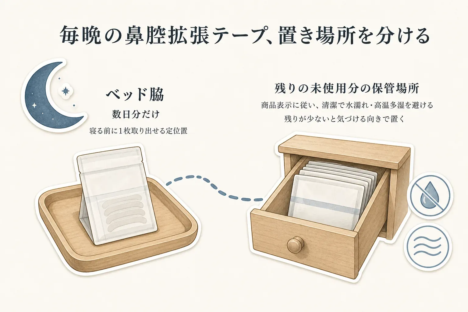 毎晩使う鼻腔拡張テープの置き場所を分ける図。ベッド脇には寝る前に1枚取り出せる数日分だけを置き、残りの未使用分は清潔で水濡れ・高温多湿を避け、残数に気づける向きで乾いた引き出しなどに保管することを示している。