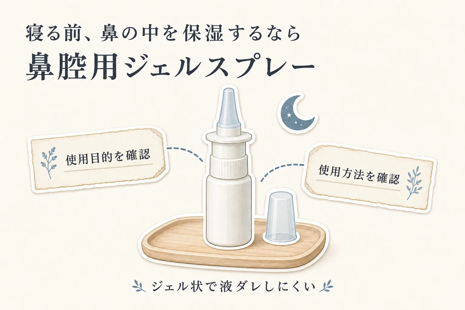 寝る前に鼻の中を保湿する際は鼻腔用ジェルスプレーを選び、使用目的と使用方法を確認すること、ジェル状で液ダレしにくい点を、ノズル付き容器、キャップ、月のイラストで示した図。