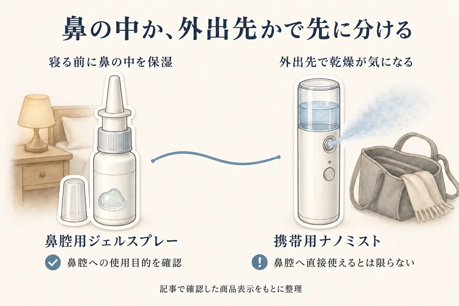 寝る前に鼻の中を保湿する場合は鼻腔用ジェルスプレーを選び、鼻腔への使用目的を確認すること、外出先で乾燥が気になる場合は携帯用ナノミストを候補にしつつ鼻腔へ直接使えるとは限らないことを、ベッド脇のジェルスプレーとバッグに入るミストのイラストで比較した図。記事で確認した商品表示をもとに整理。