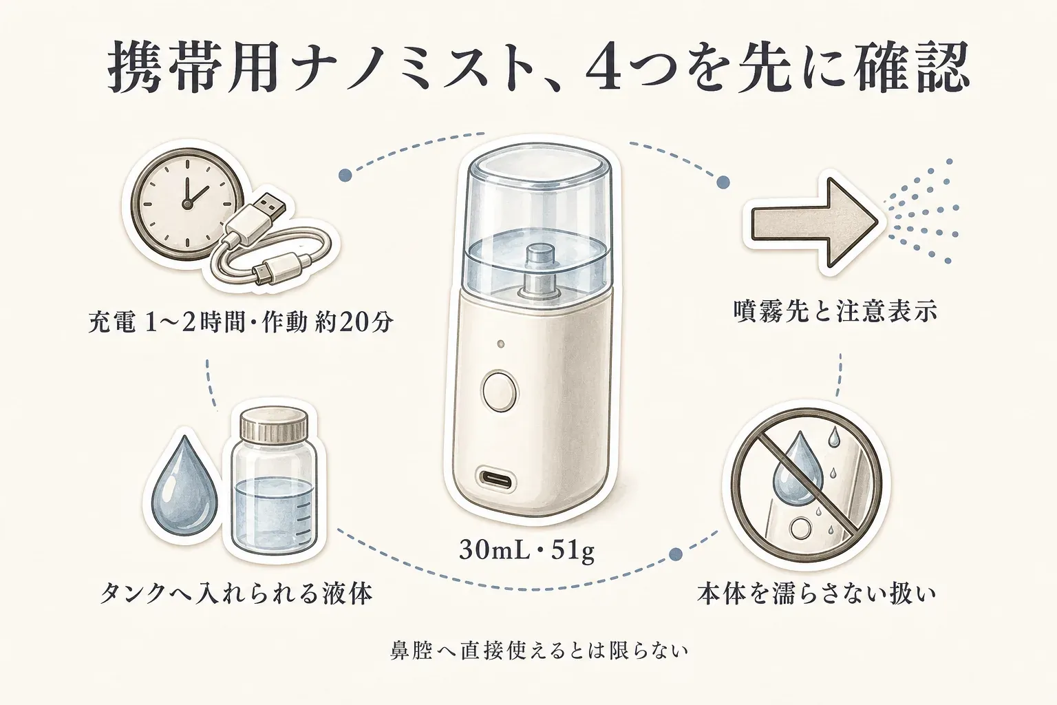携帯用ナノミストで先に確認する4項目として、充電1〜2時間・作動約20分、噴霧先と注意表示、タンクへ入れられる液体、本体を濡らさない扱いを、USBケーブル、ミスト、液体容器、防水禁止のイラストで示した図。鼻腔へ直接使えるとは限らないことも明記している。
