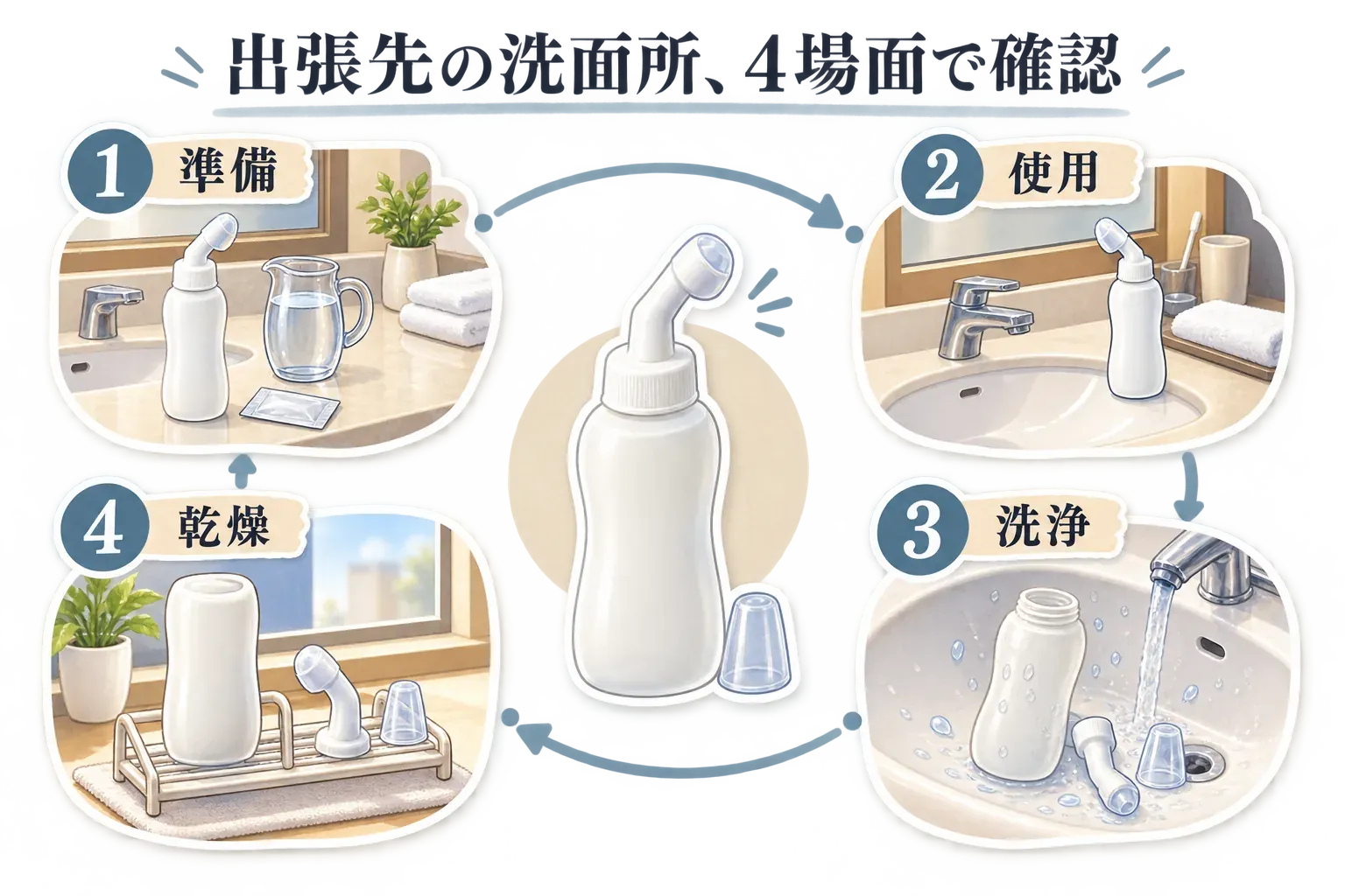 旅行先の洗面所での鼻うがいの流れを、準備、使用、洗浄、乾燥の4場面で示した図。ボトルと個包装を用意し、使用後は部品を洗って乾かす手順を描いている。
