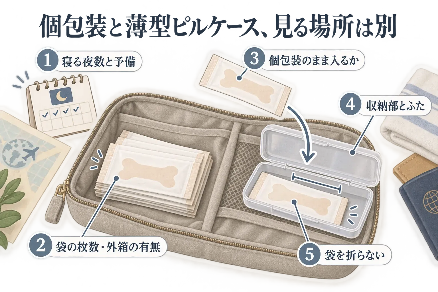 旅行ポーチ内で個包装鼻腔拡張テープと薄型ケースを確認する図。寝る夜数と予備、個包装の袋の枚数と外箱の有無、個包装のまま入るか、ケースの収納部とふた、袋を折らないことの5項目を示している。