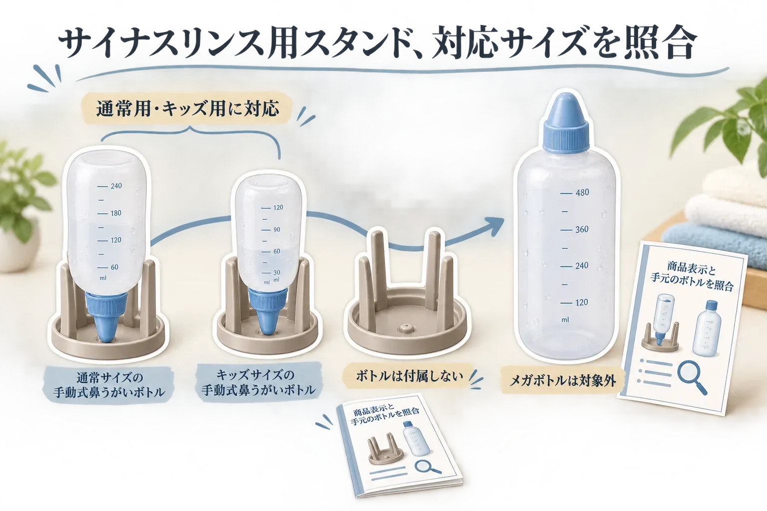サイナスリンス用乾燥スタンドは通常用とキッズ用のボトルに対応し、メガボトルは対象外であることを示した図。スタンドにボトルは付属せず、商品表示と手元のボトルを照合するよう案内している。